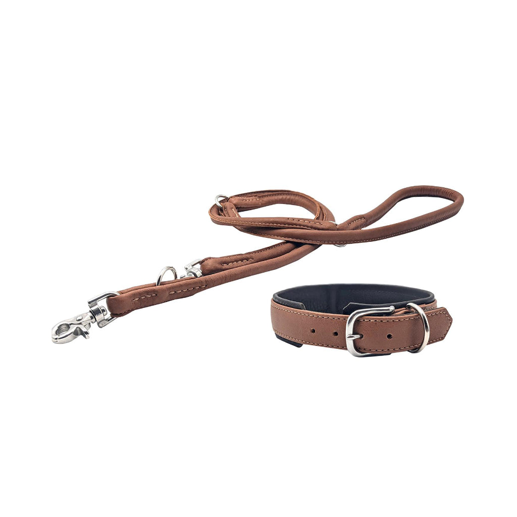 Halsband & Klassische Rundlederleine AMICI Cognac 3-fach verstellbar - Laboni