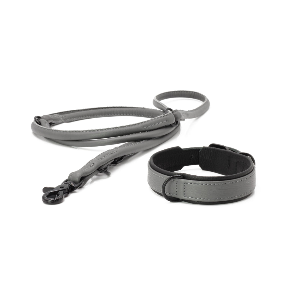 Halsband & Klassische Rundlederleine AMICI Anthrazit 3-fach verstellbar - Laboni