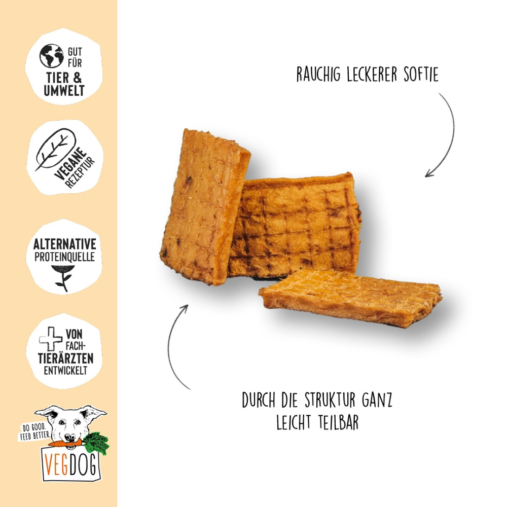 Beispielinhalt Hundesnack Jerkys Fleischstreifen mit Karotte & Buchenrauch - VEGDOG