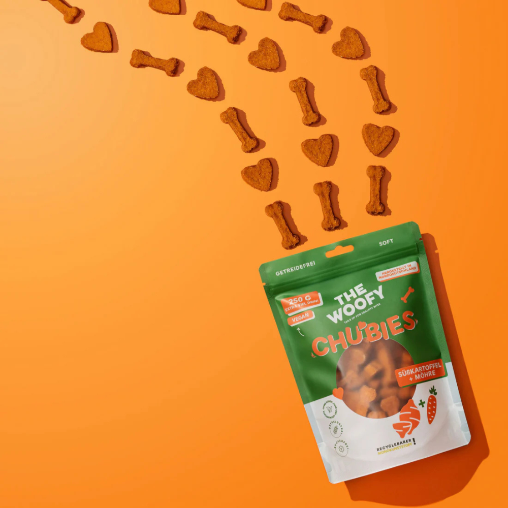 Beispielinhalt Hundesnack Veggie Chubies Süßkartoffel & Möhre - THE WOOFY