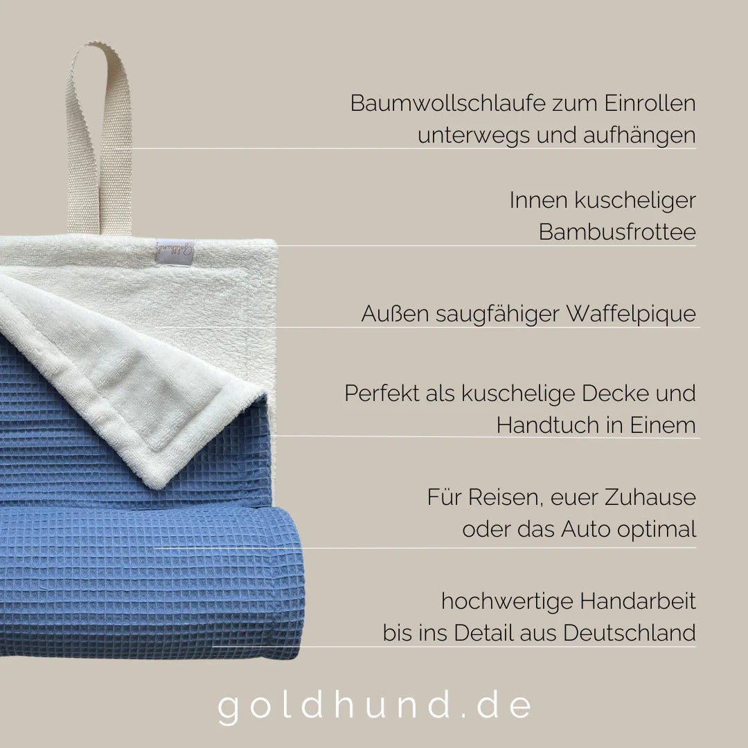 Beschreibung 2-in-1 Plaid "dry" Hundedecke & Hundehandtuch Küstenblau Weiß - Goldhund