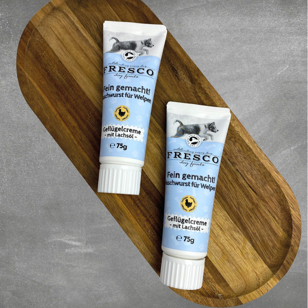 Dekobild Futtertube Naschwurst Geflügelcreme mit Lachsöl für Welpen - FRESCO