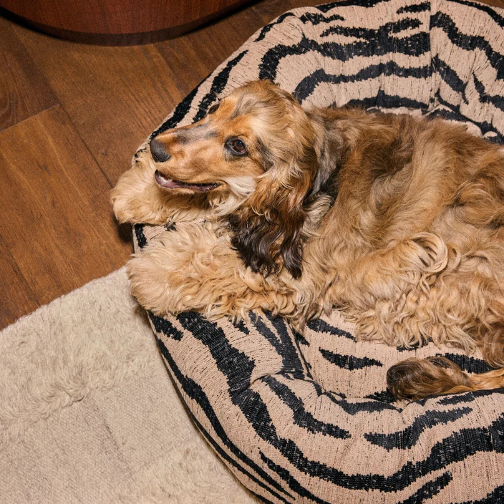 Hund auf Zebra Hundekissen rund Beige/Black - DOGGUO
