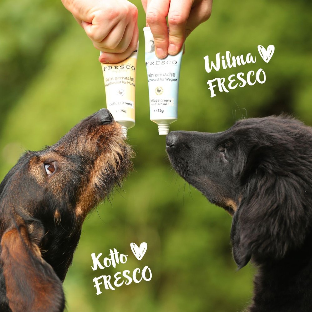 Hunde mit Futtertube Naschwurst Geflügelcreme & Geflügelcreme mit Lachöl für Welpen - FRESCO