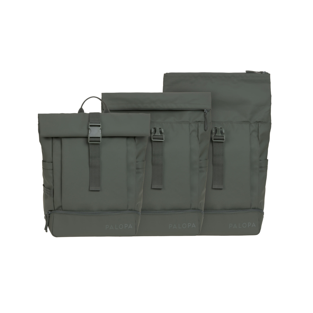 PALOPA Rolltop Backpack YOSKA Dark Olive geschlossen bis geöffnet