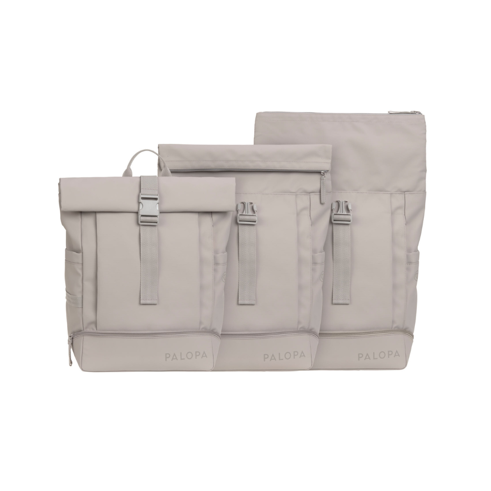 PALOPA Rolltop Backpack YOSKA Taupe geschlossen bis geöffnet
