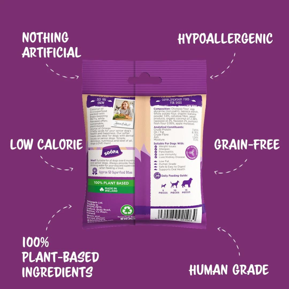 Rückseite Hundeleckerli Banane & Kürbis Healthy Bites für Senioren - Soopa