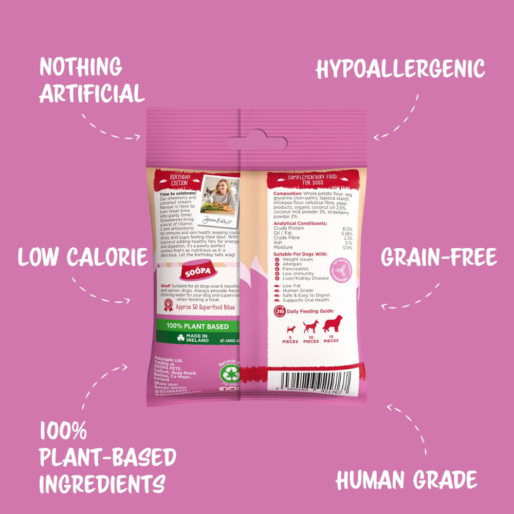 Rückseite Hundeleckerli Erdbeer- und Kokoscreme-Cupcake Healthy Bites - Soopa