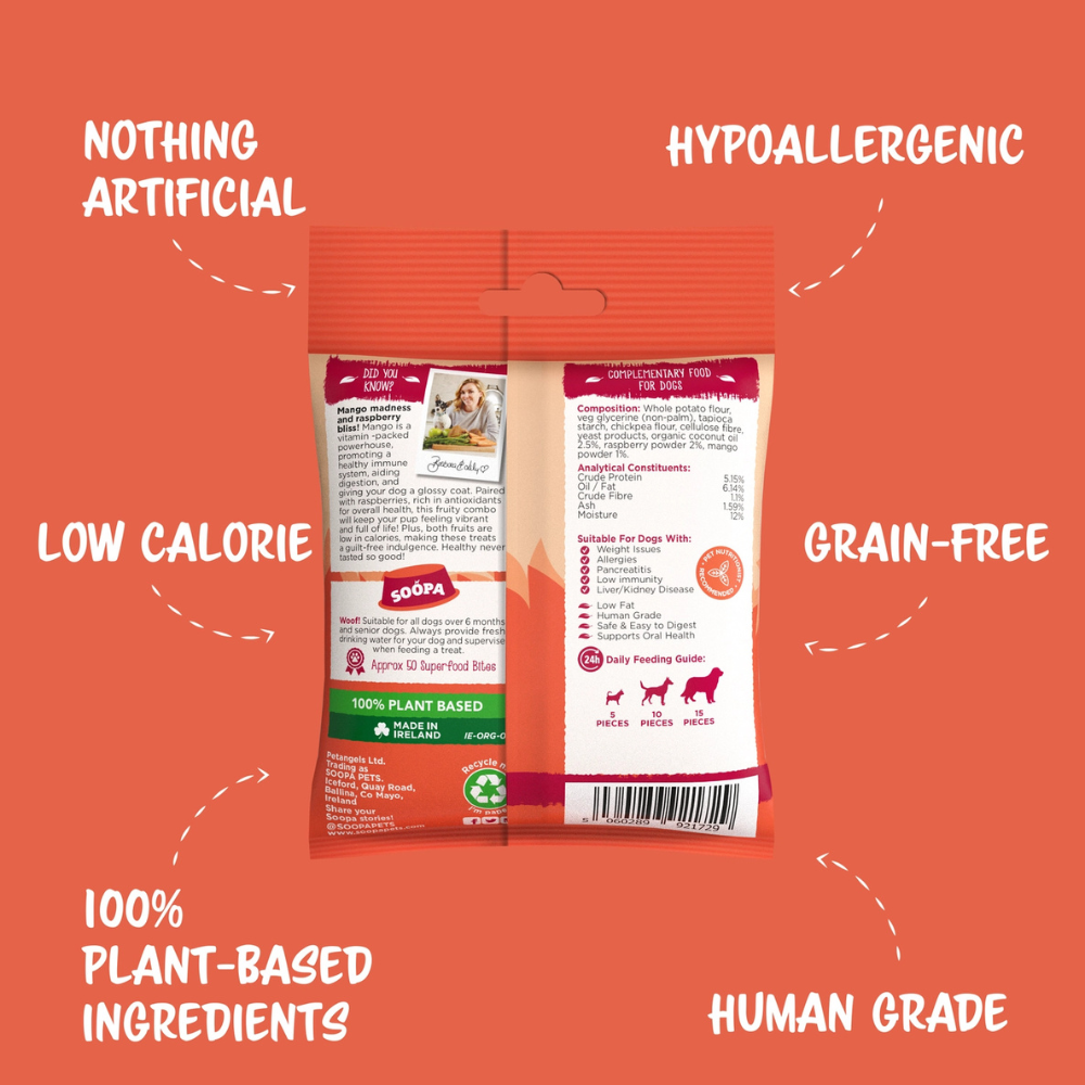 Rückseite Hundeleckerli Mango & Himbeere Healthy Bites - Soopa