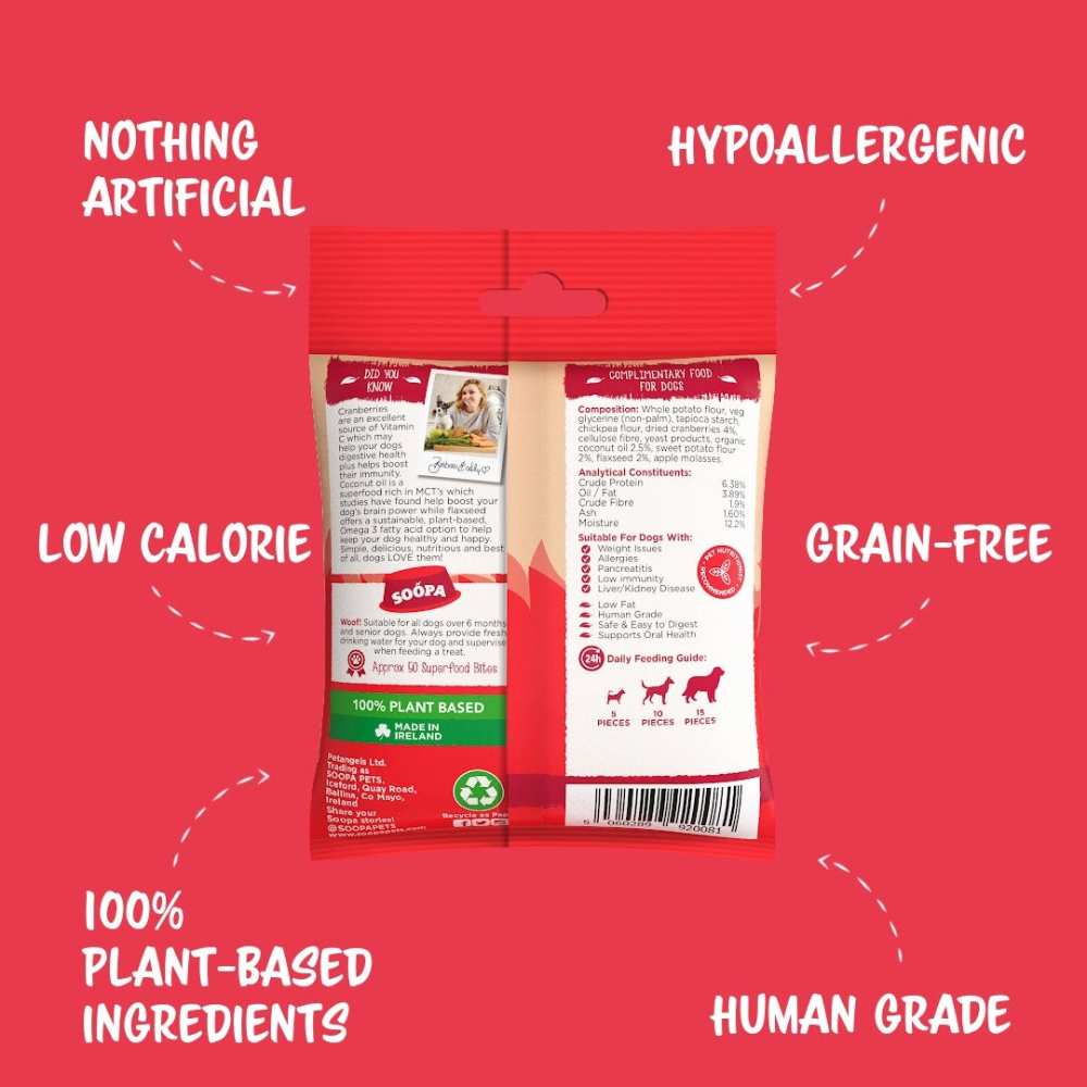 Rückseite Hundeleckerli Preiselbeerem & Süßkartoffel Healthy Bites - Soopa