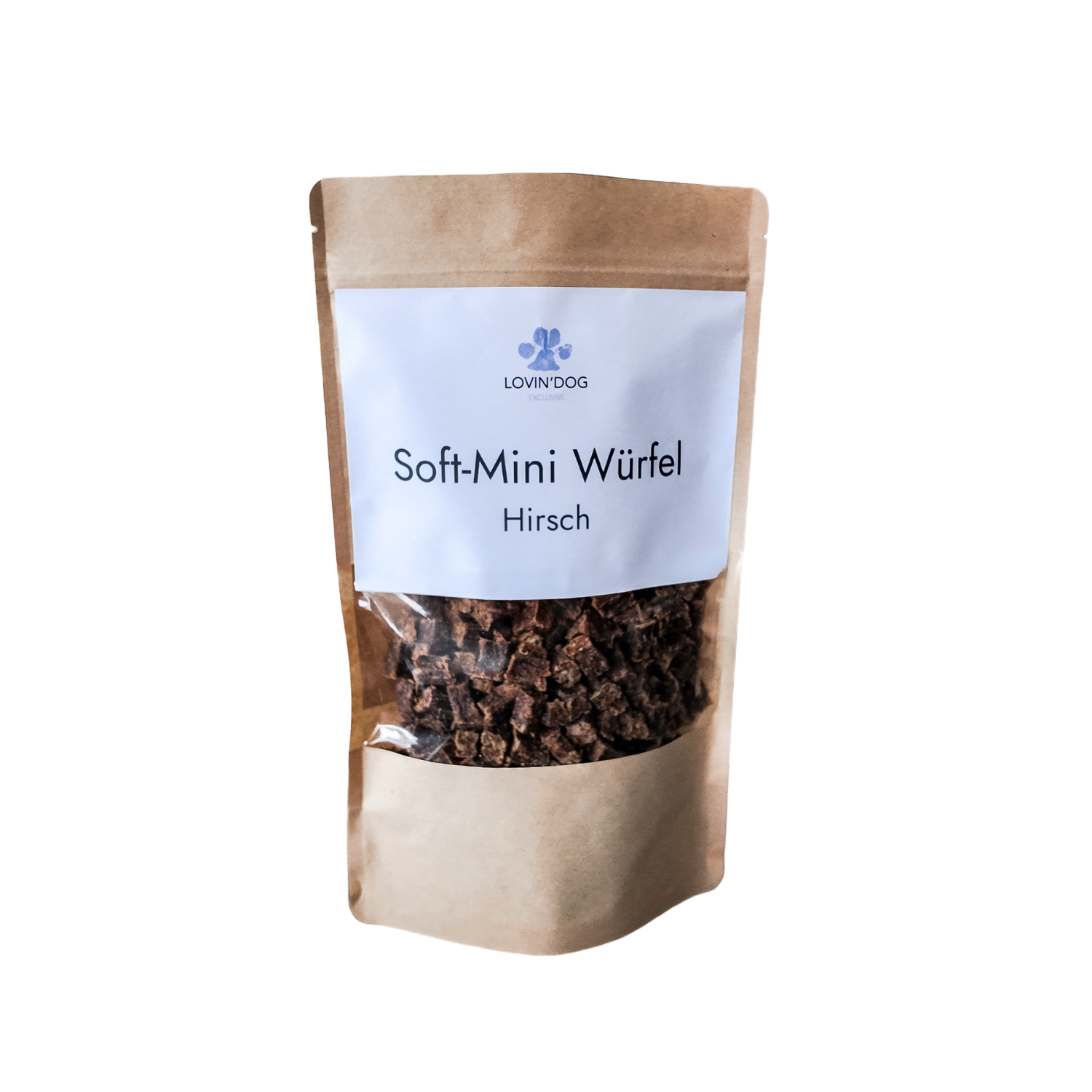 Verpackung SOFT Leckerli - Hirsch Mini-Würfel 250g - LOVIN'DOG