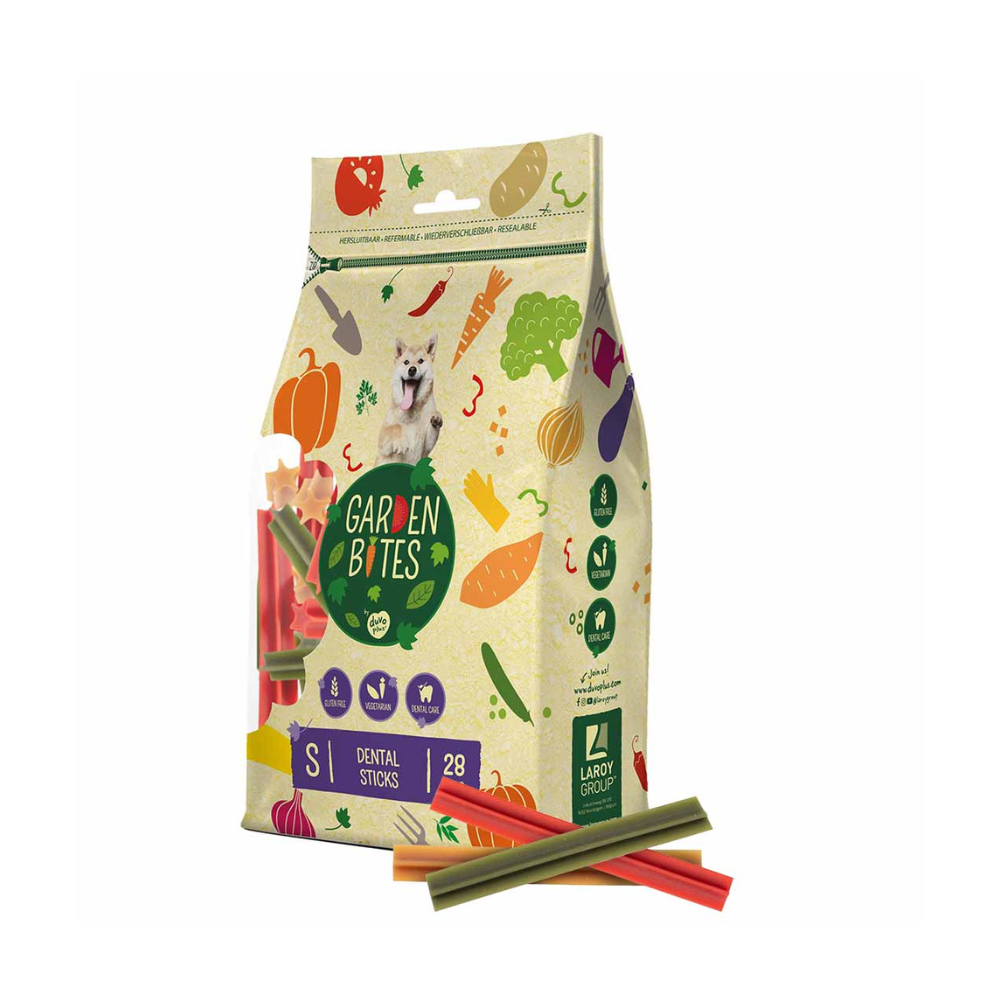 Verpackung Beispielinhalt Dental Kausnack Garden Bites Sticks Größe S - duvo+