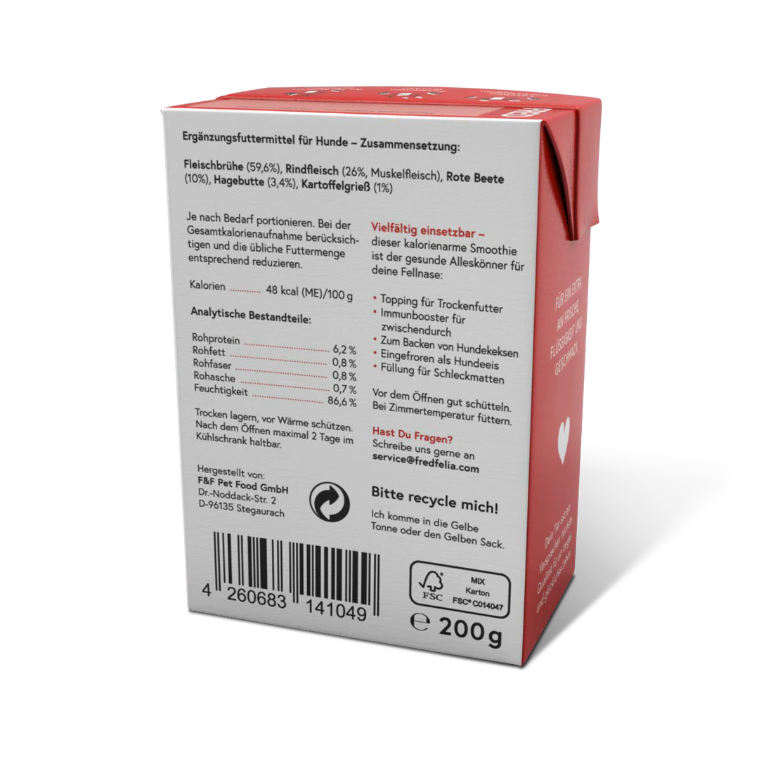 Verpackung Rückseite FRED Smoothie Rind mit Hagebutte für Hunde