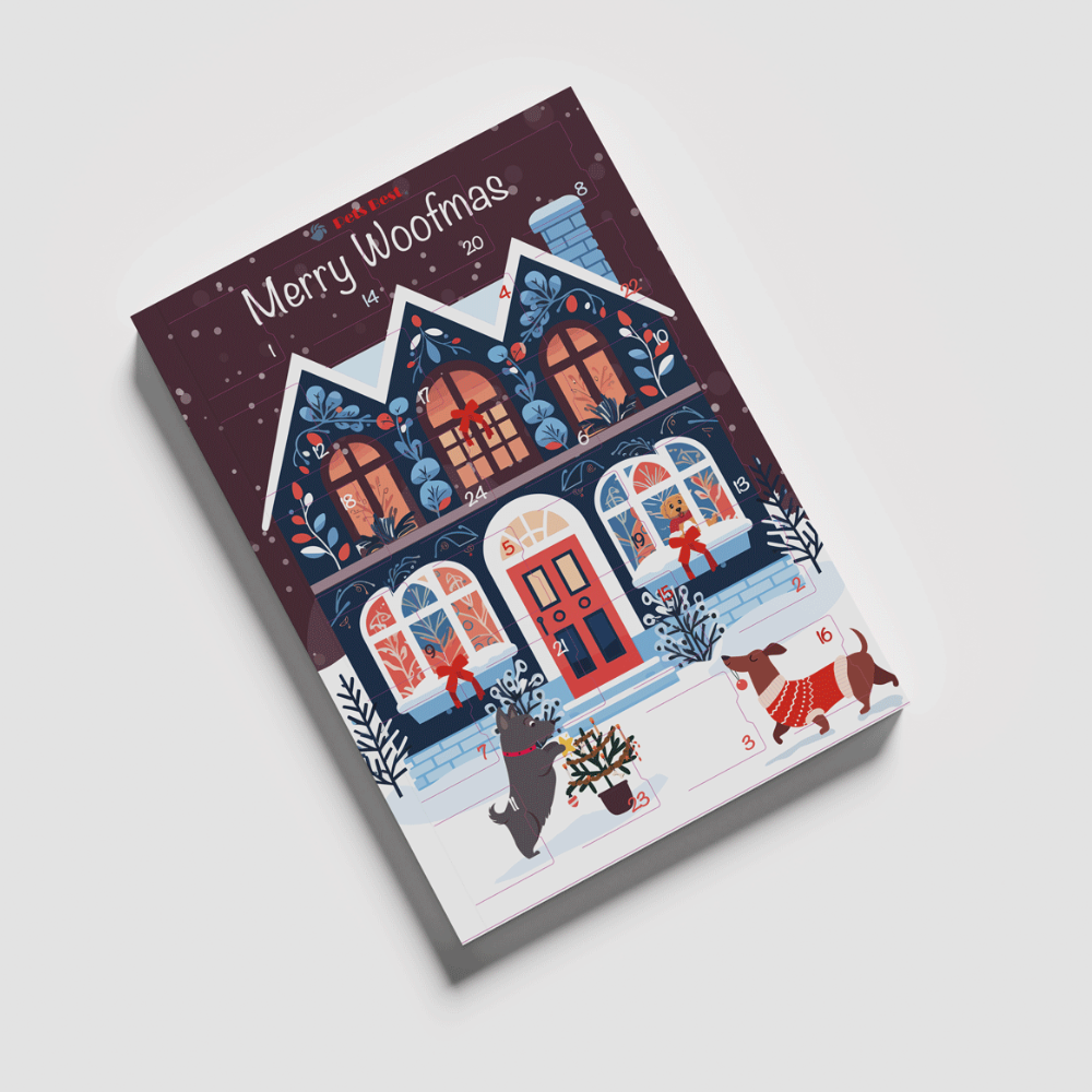 Vorderseite Adventskalender für Hunde 2025 "Cozy Dog House" - Pets Best