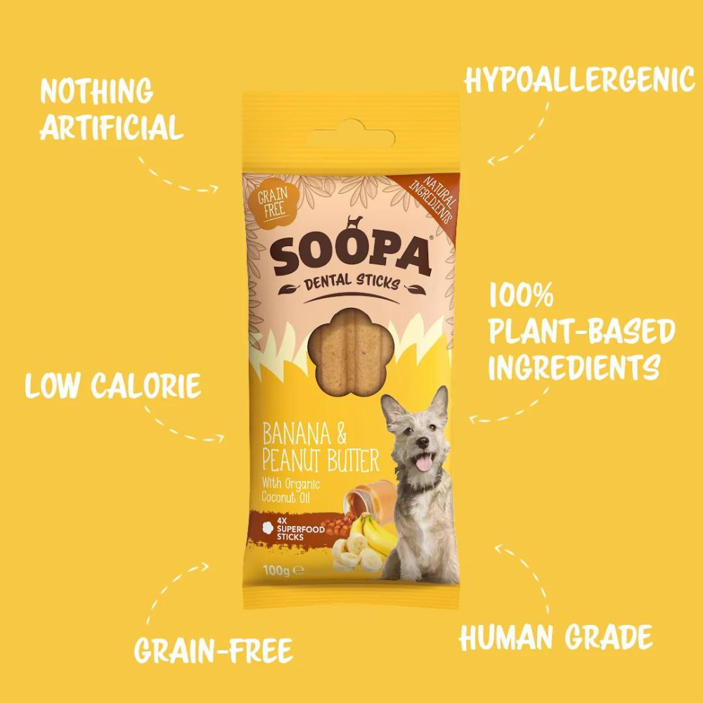 Vorderseite Hundeleckerli Banane & Erdnussbutter Dental Sticks - Soopa