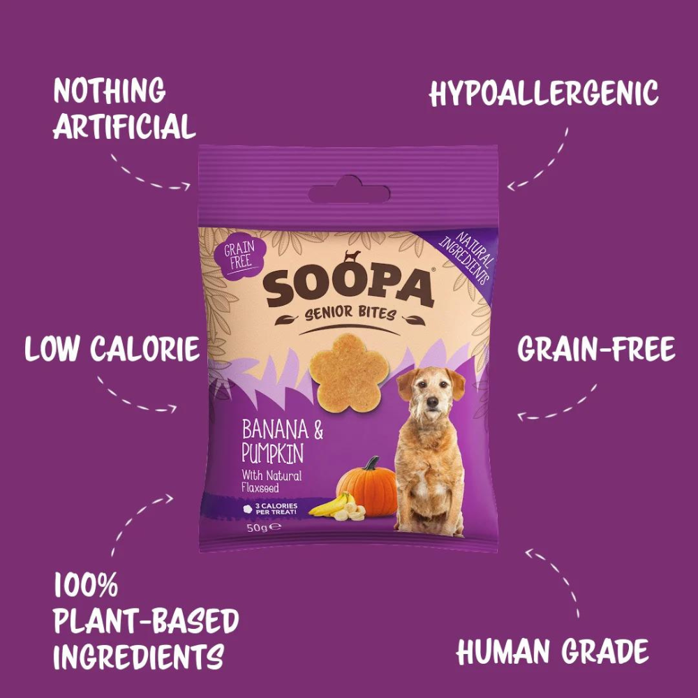 Vorderseite Hundeleckerli Banane & Kürbis Healthy Bites für Senioren - Soopa