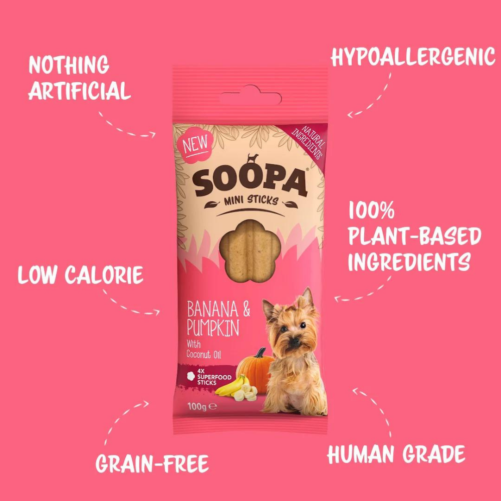 Vorderseite Hundeleckerli Banane & Kürbis Mini Sticks - Soopa