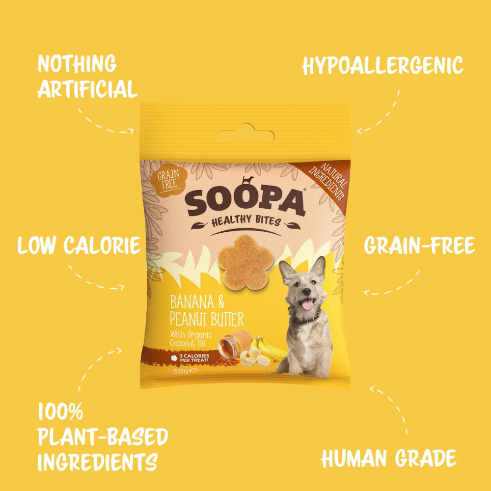 Vorderseite Hundeleckerli Banane & Peanut Butter Healthy Bites - Soopa
