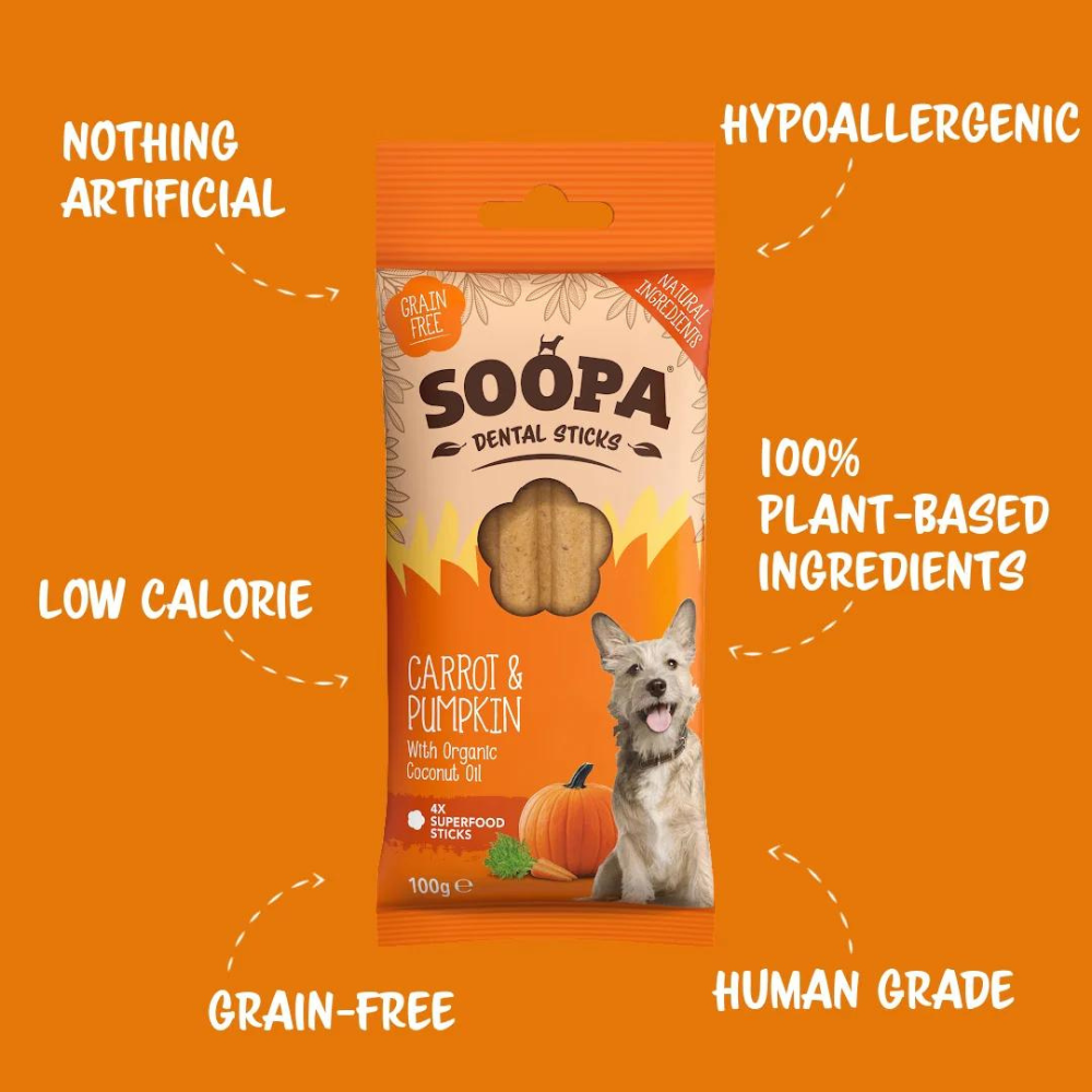 Vorderseite Hundeleckerli Karotte & Kürbis Dental Sticks - Soopa