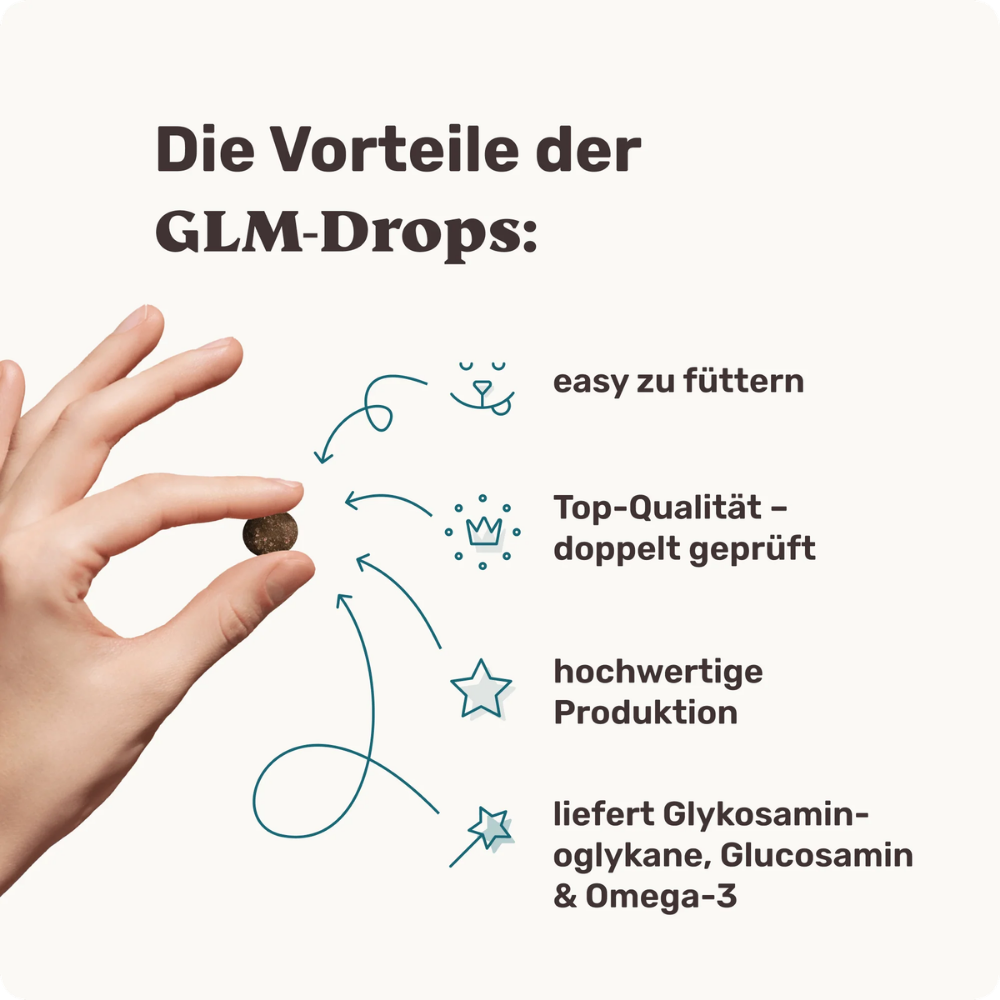 Vorteile Vitalstoff Drops mit GLM für Hunde - mammaly