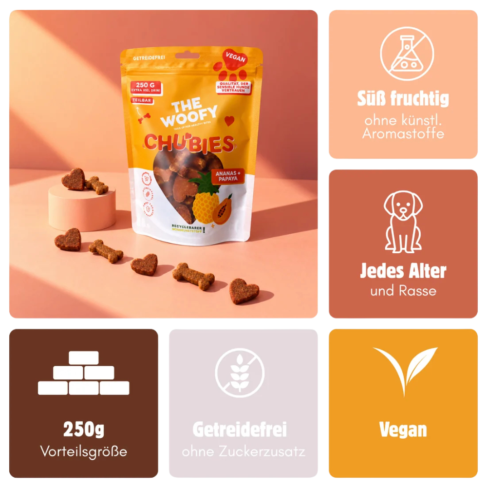 Vorteile Hundesnack Vegan Chubies Ananas & Papaya - THE WOOFY