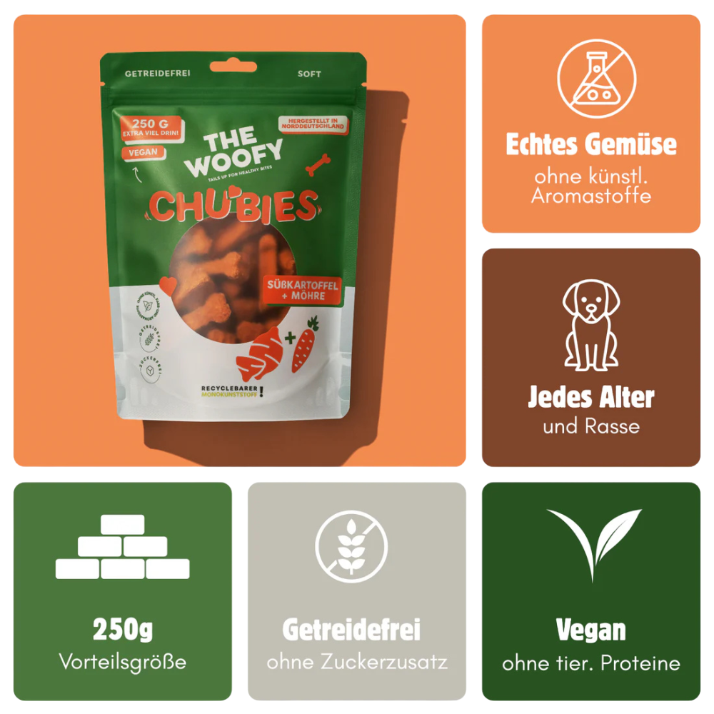Vorteile Hundesnack Veggie Chubies Süßkartoffel & Möhre - THE WOOFY