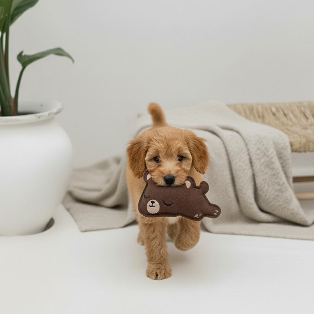 Welpe mit Hundespielzeug aus Wildleder "kleiner Bär" - BUDDY