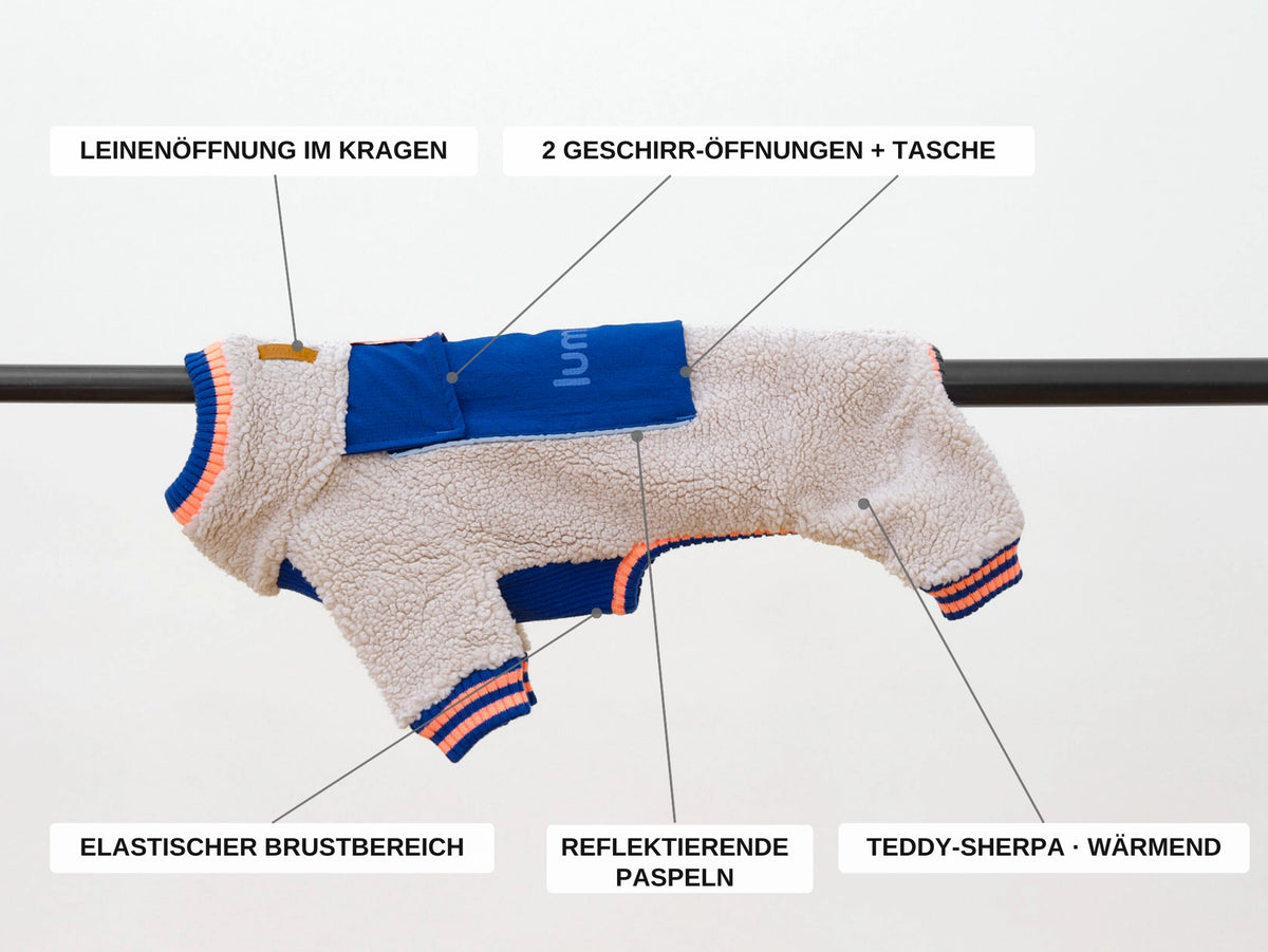 lumiies® Sport Racer Hundeoverall aus Teddy-Sherpa-Fleece Royal Alpine