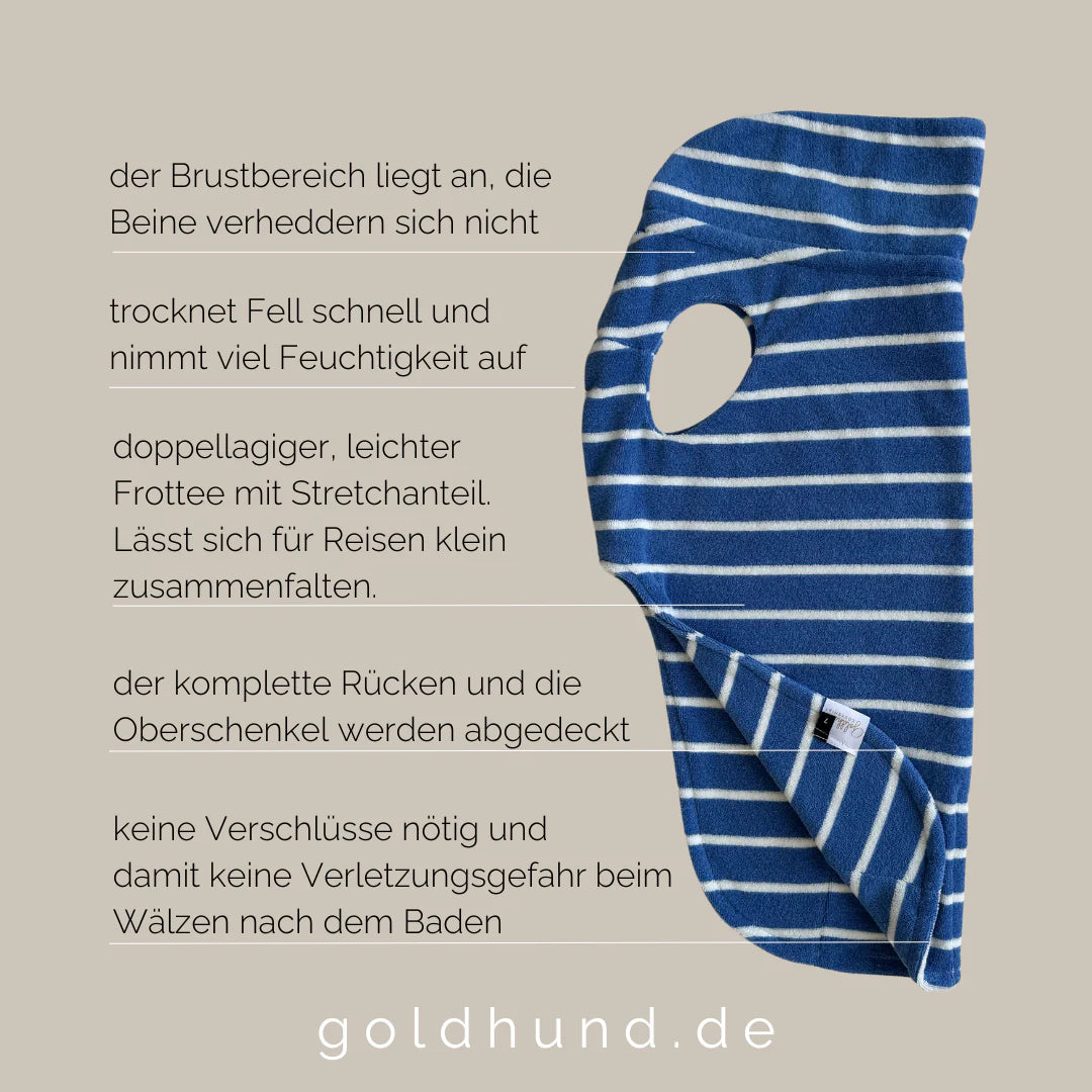 Beschreibung & Details Tragebild Hundebademantel CosyShirt Küstenblau gestreift - Goldhund