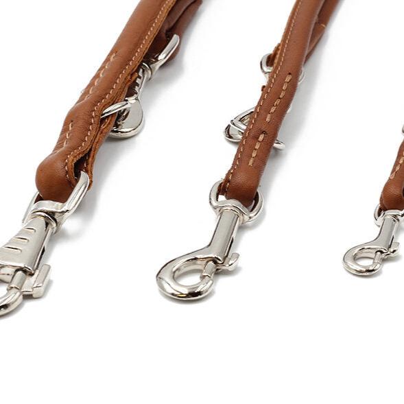 Hundeleine Leder rundgenäht verstellbar Cognac Silber