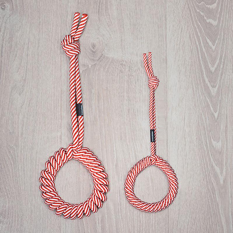 Größenvergleich Hunde-Tau-Spielzeug LOOPY Rot-Weiß - X-MAS edition - treusinn.