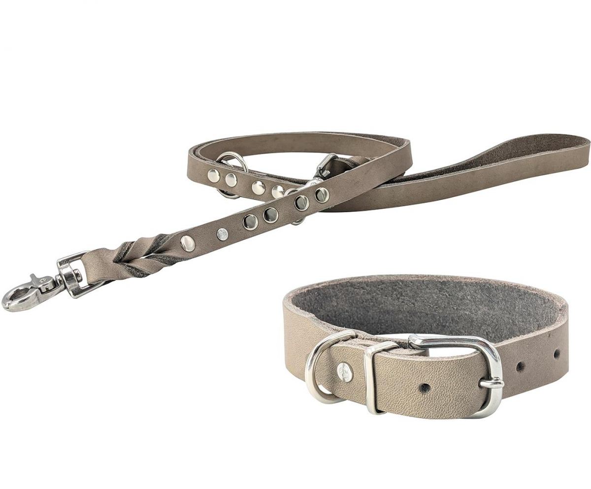 Fettleder Set Halsband & Leine GIRO grau - Laboni