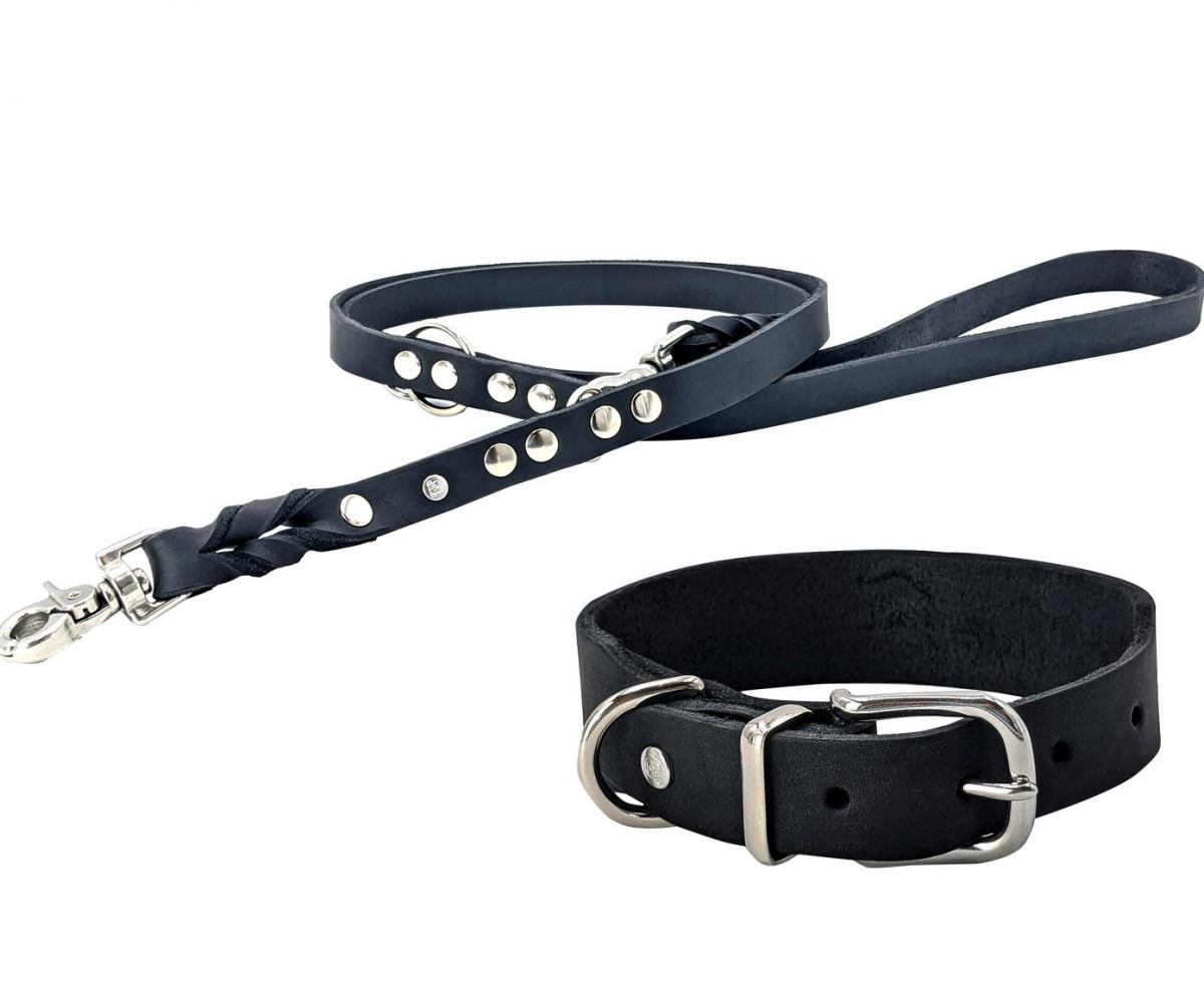 Fettleder Set Halsband & Leine GIRO schwarz - Laboni