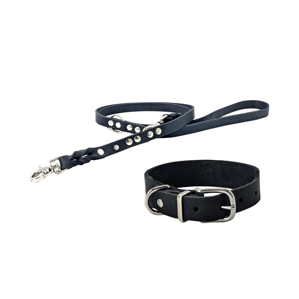 Fettleder Set Halsband & Leine GIRO schwarz - Laboni