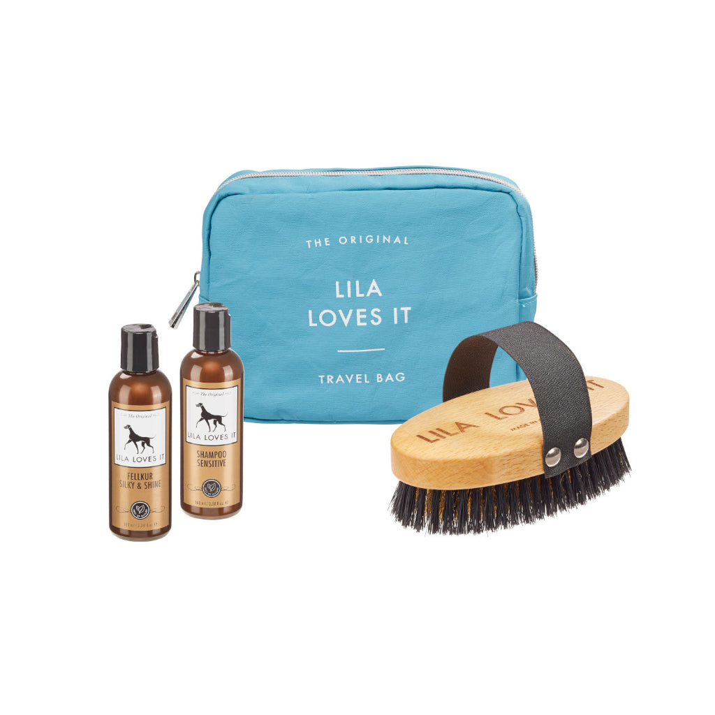 Travelbag petrol mit Kurzhaarbürste, Shampoo Sensitive & Fellkur - LILA LOVES IT