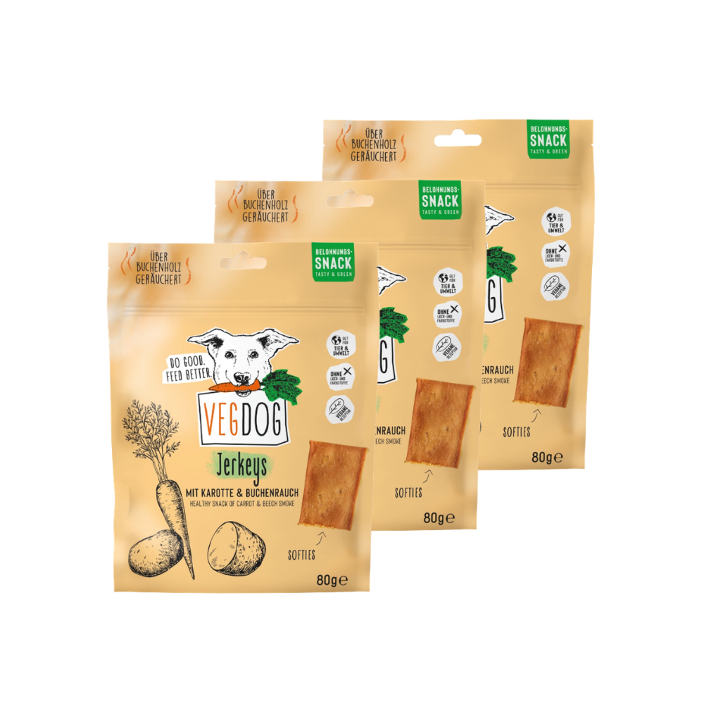 3er Pack VEGDOG JERKEYS mit Karotte & Buchenrauch