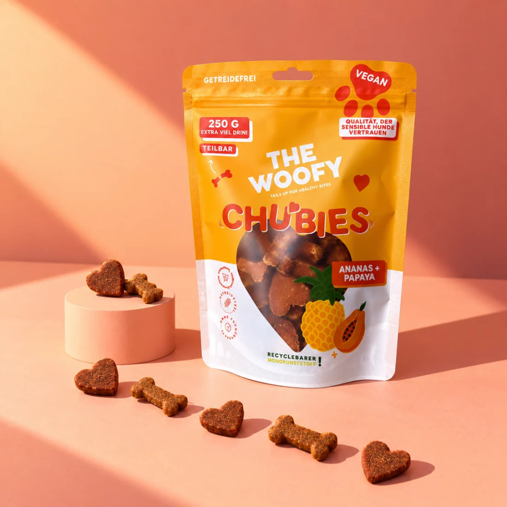 Beispielinhalt Hundesnack Vegan Chubies Ananas & Papaya - THE WOOFY