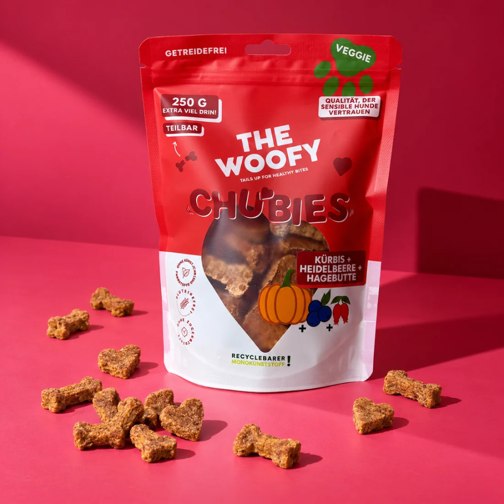 Beispielinhalt Hundesnack Veggie Chubies Kürbis & Heidelbeere - THE WOOFY