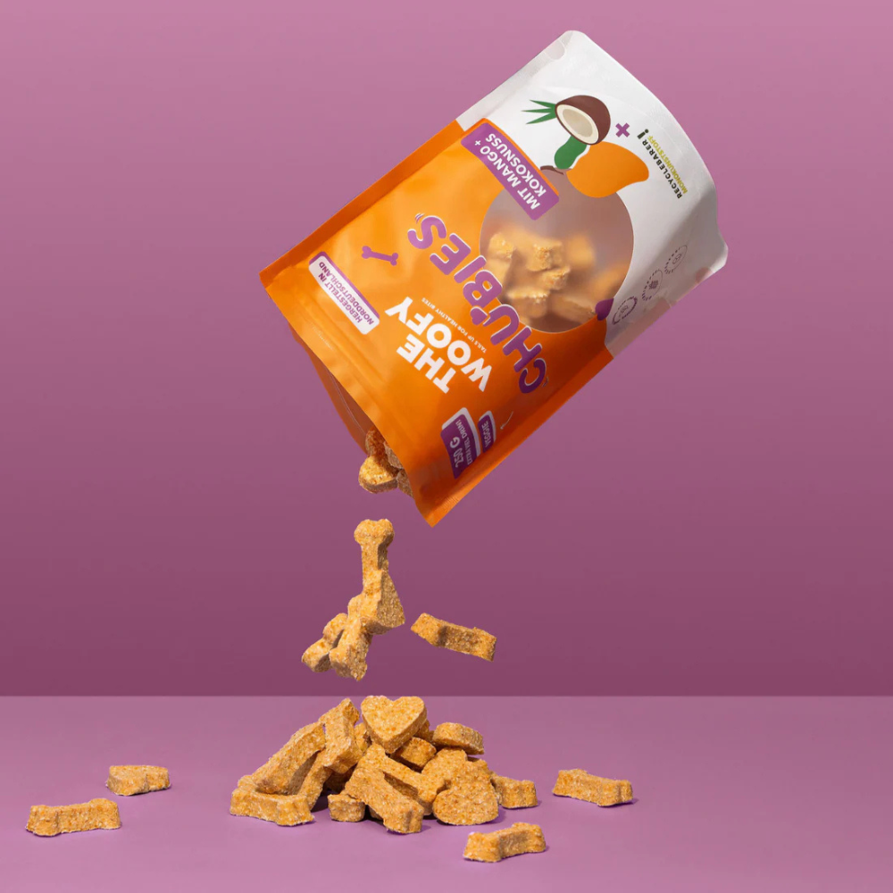 Beispielinhalt Hundesnack Veggie Chubies Mango & Kokosnuss - THE WOOFY
