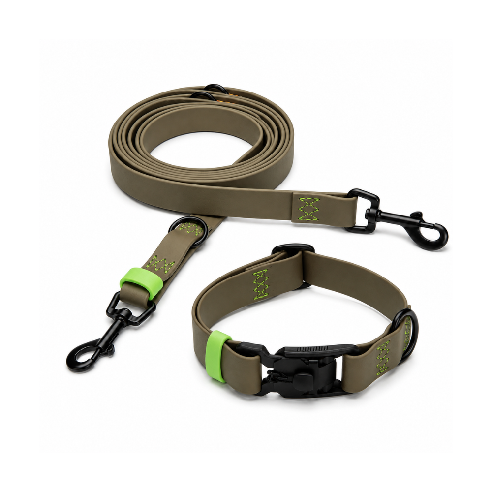 CLOUD7 Set Hundehalsband & Hundeleine BioThane Ipanema Olive-Neongrün
