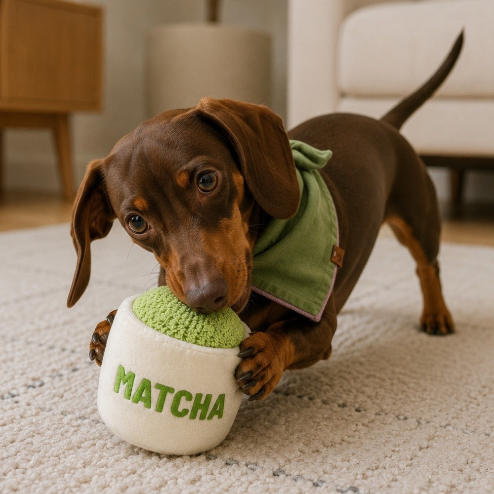 Dackel mit Halstuch & Plüschspielzeug MATCHA Cup - Limited Edition - Handgefertigt - Lieblingspfote