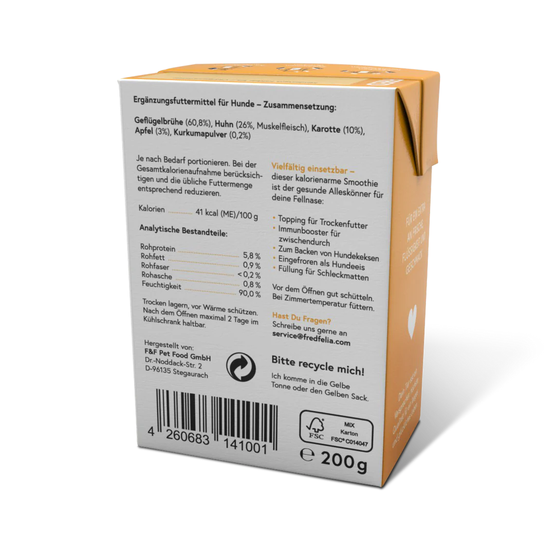 Verpackung Rückseite FRED Smoothie Huhn mit Kurkuma für Hunde