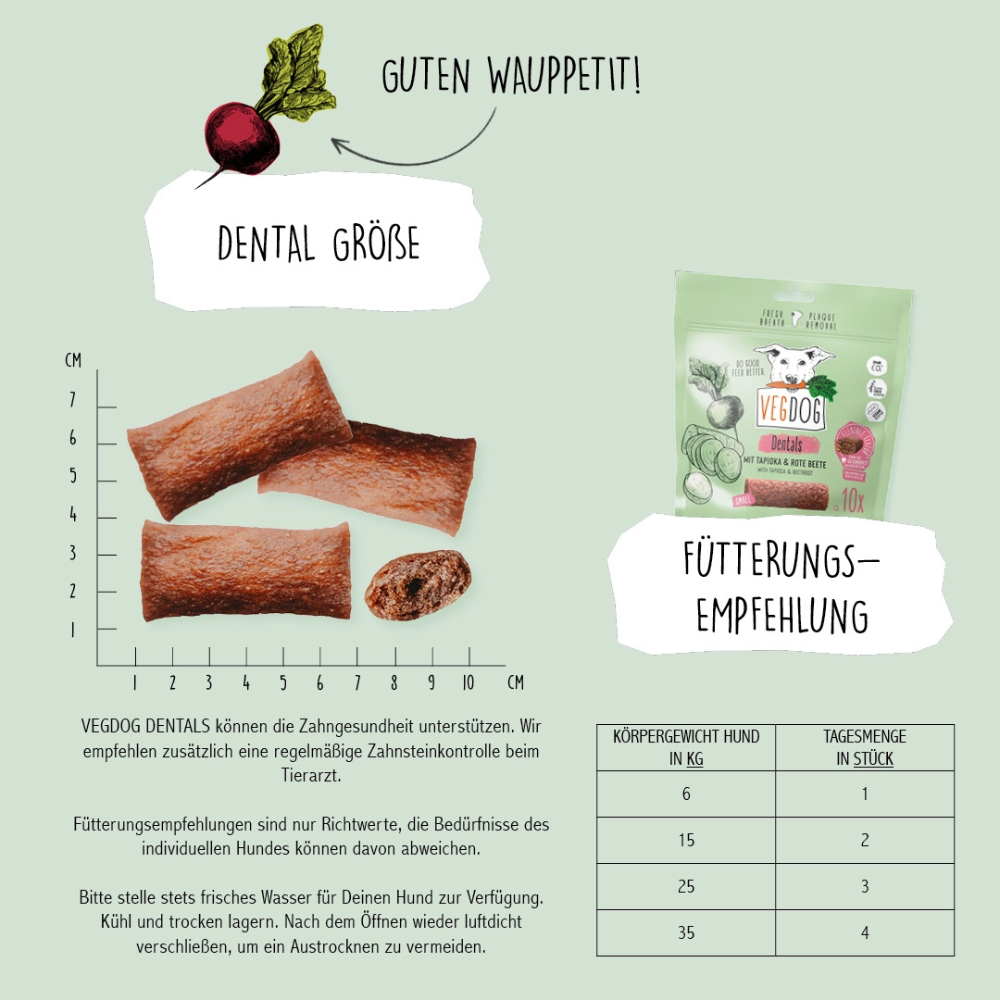 Fütterungsempfehlung Hundesnack Dentals Kaustange mit Tapioka & Rote Beete - VEGDOG