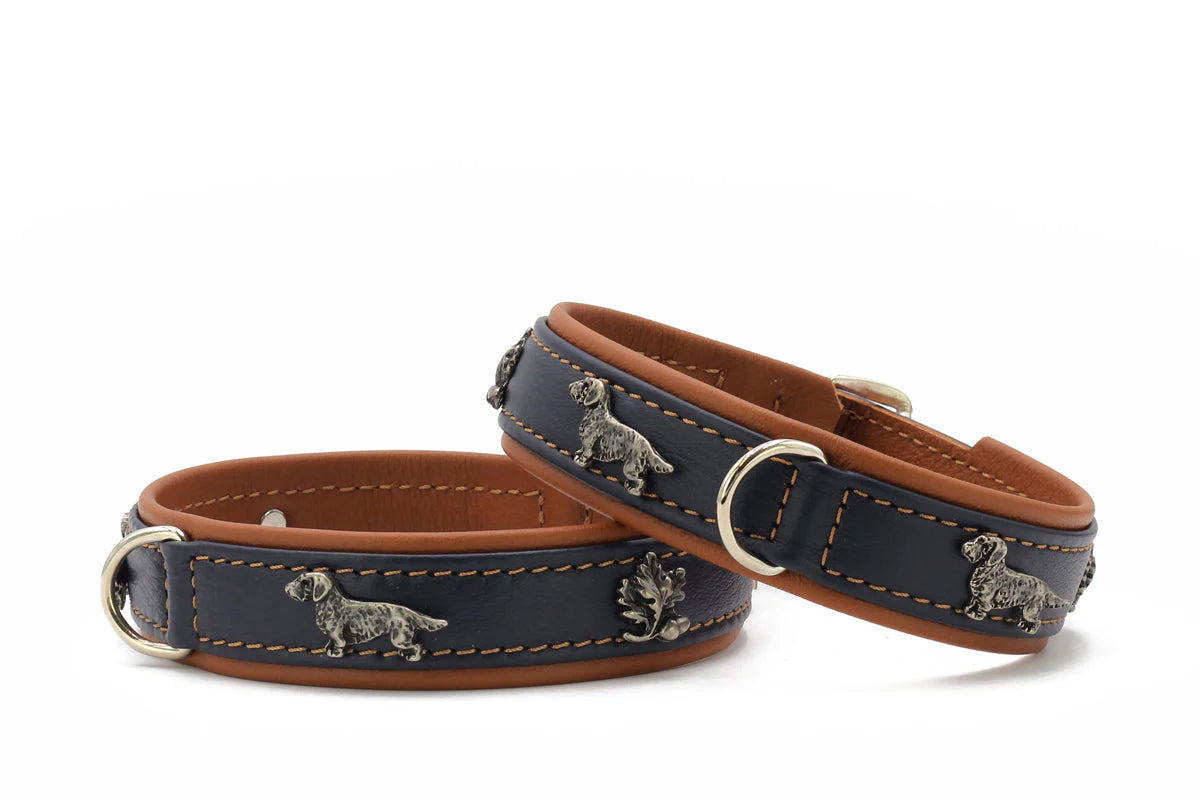 Halsband aus Leder Dackel Dunkelblau - Cognac