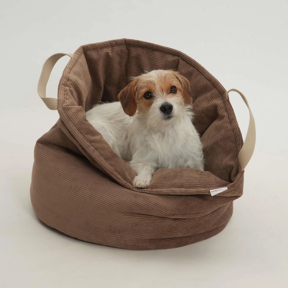 Hund liegend in Hundebett Körbchen CHELSEA Cord Toffee - Dogs in the City