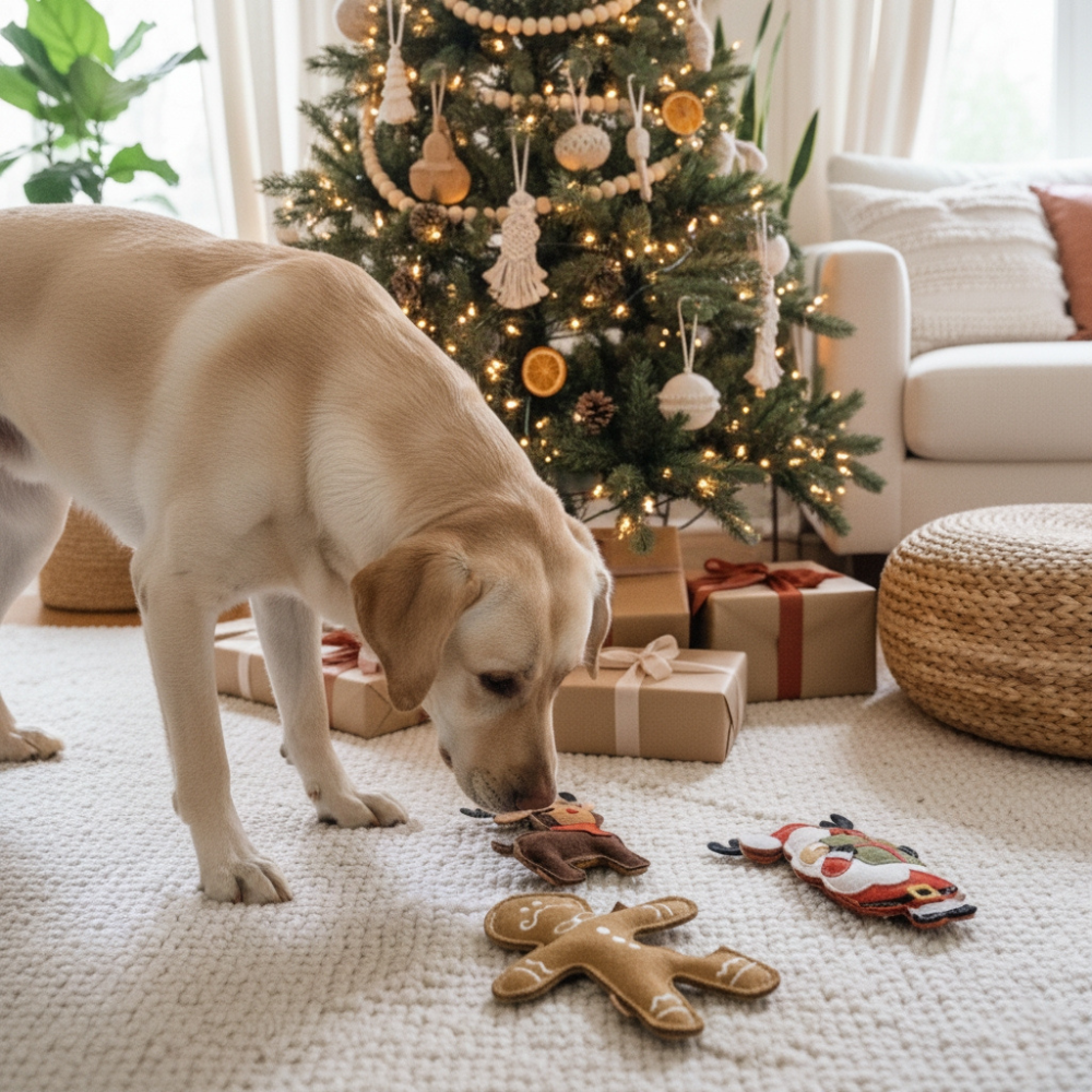 Hund mit Hundespielzeug aus Wildleder "Lebkuchenmann", "Rudolph" & "Santa" - BUDDY