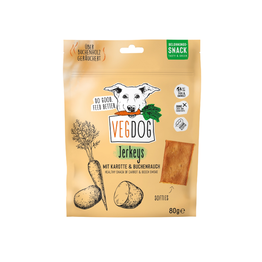 Hundesnack Jerkys Fleischstreifen mit Karotte & Buchenrauch - VEGDOG
