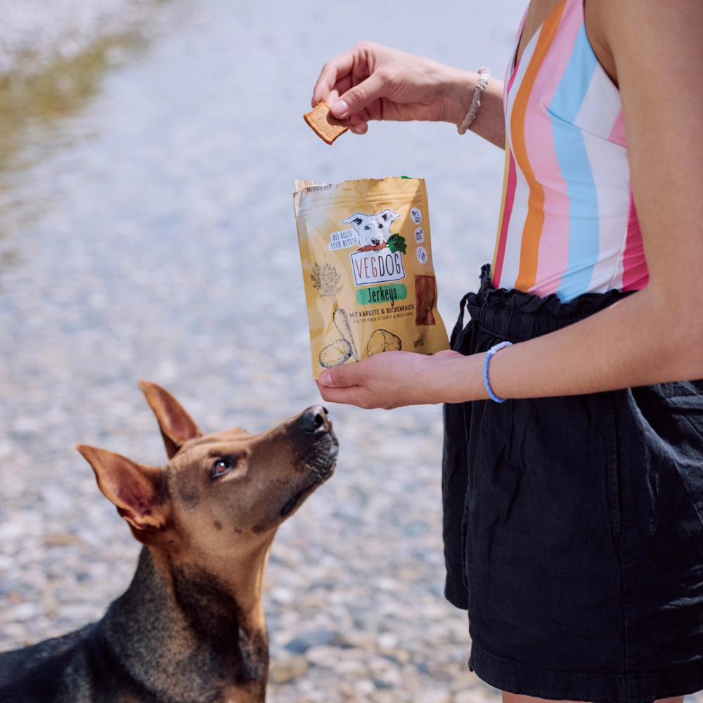 Hund mit Hundesnack Jerkeys mit Karotte & Buchenrauch - VEGDOG