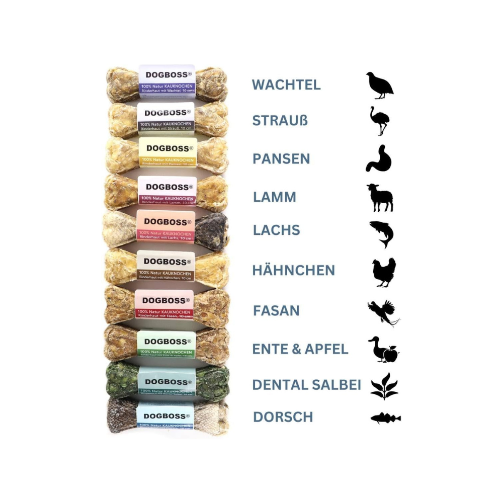 Inhaltsübersicht Kauknochen 100% Natur 10 Stück im Probierset 10 cm speziell für kleine Hunderassen - DOGBOSS