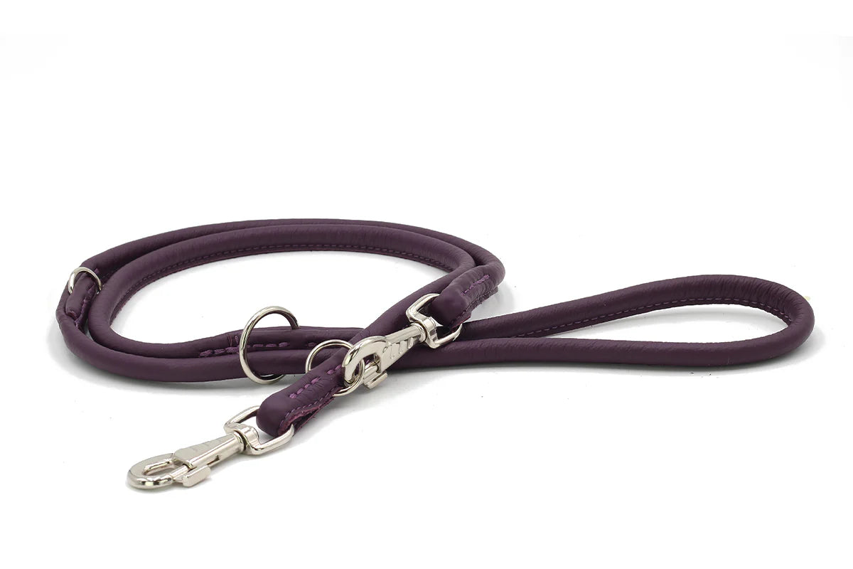 Hundeleine Leder rundgenäht verstellbar Aubergine Silber